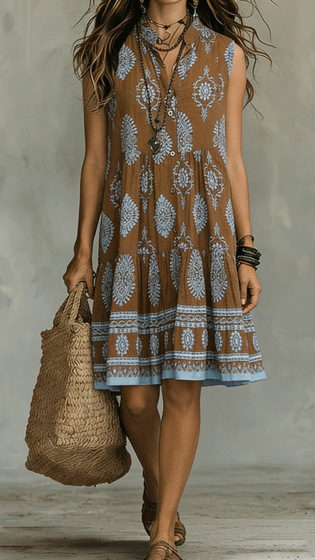 【Buy 2 Free Shipping】Bohemian-Style Printed Sleeveless Maxi Dress with Shirt Collar