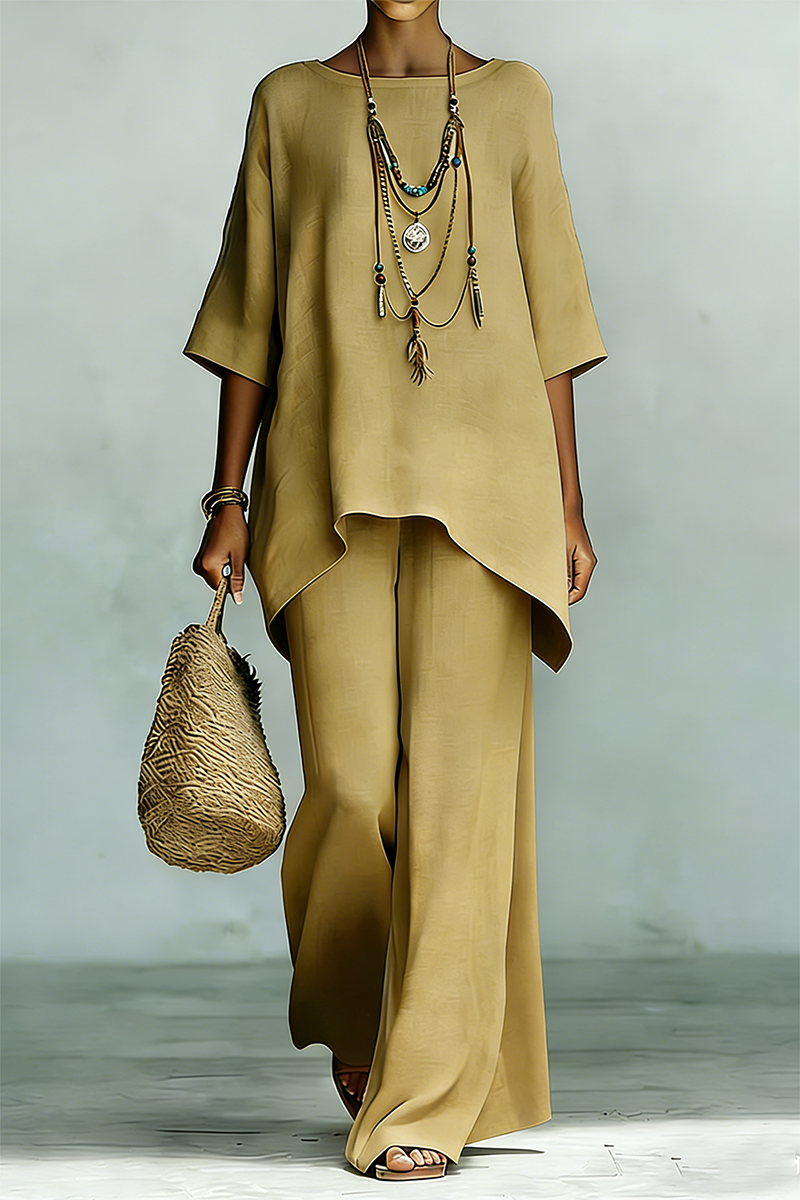 Plus Size Friendly Women's Elegant & Simple Loose-Fit Solid-Color Top and Wide-Leg Pants Set