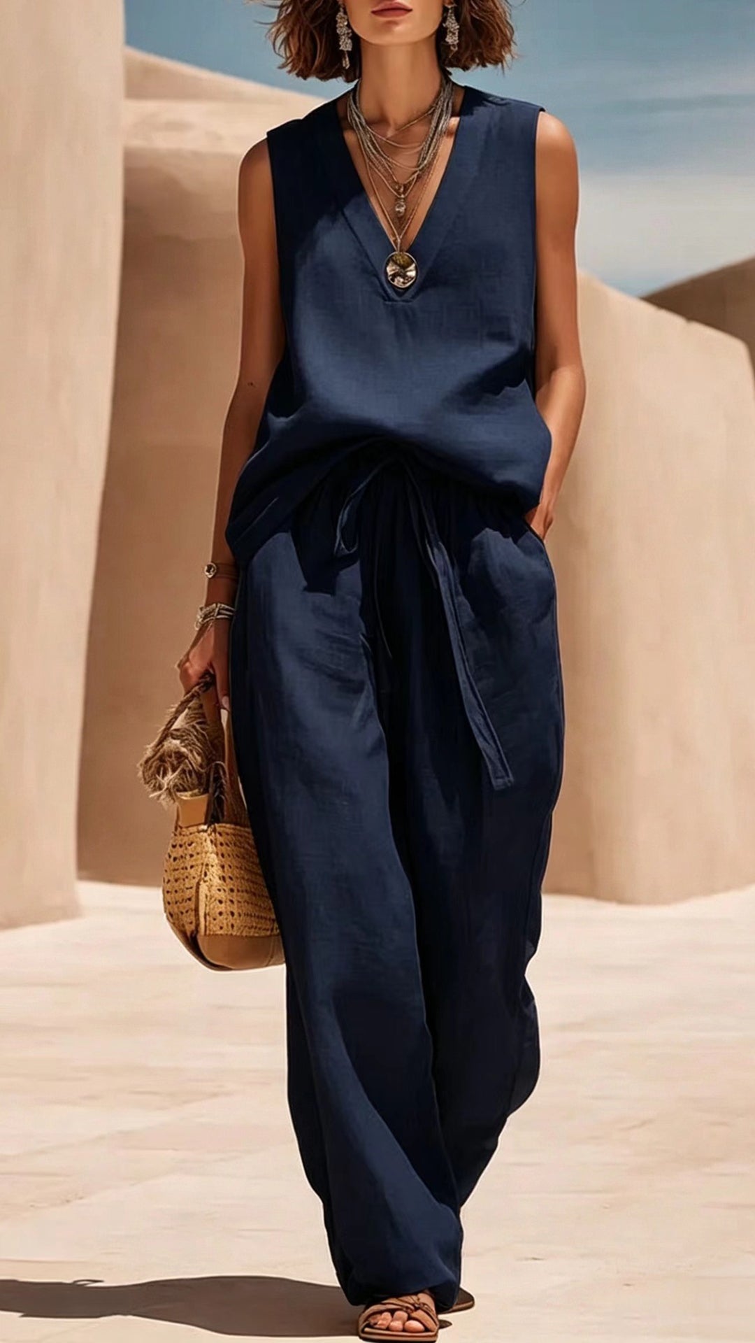 Women's V-Neck Sleeveless Linen-Blend Set