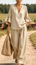 Women's Casual & Comfortable Two-Piece Set: V-Neck Top with Ruffle Sleeves and Wide-Leg Pants