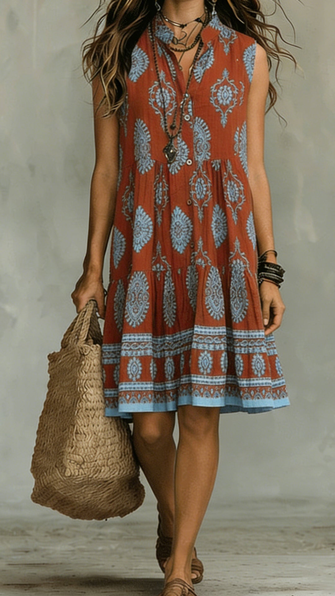 【Buy 2 Free Shipping】Bohemian-Style Printed Sleeveless Maxi Dress with Shirt Collar