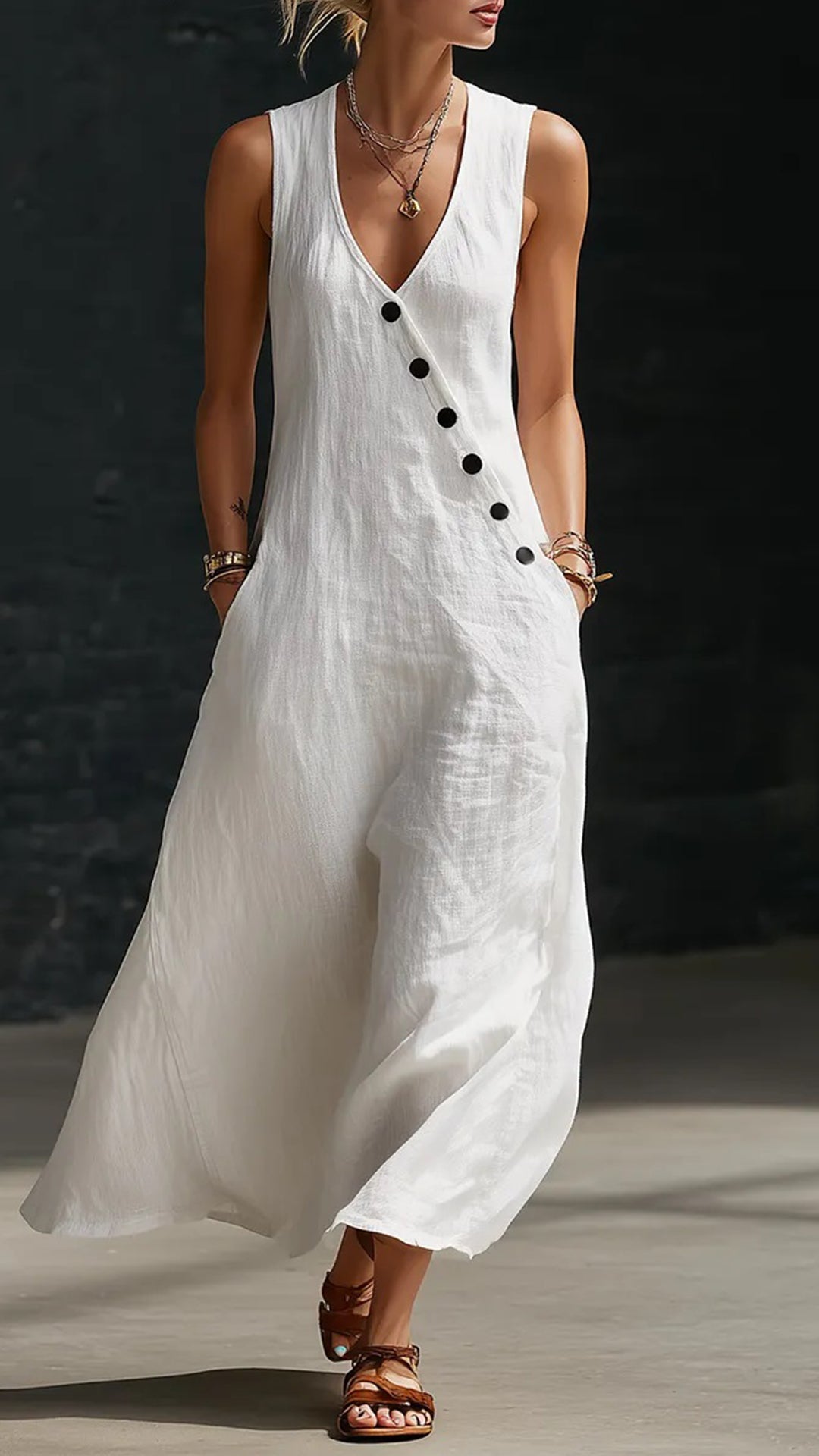 "Effortless Chic" Style V-Neck Button-Front Cotton-Linen Maxi Dress — Sleeveless Tank Dress