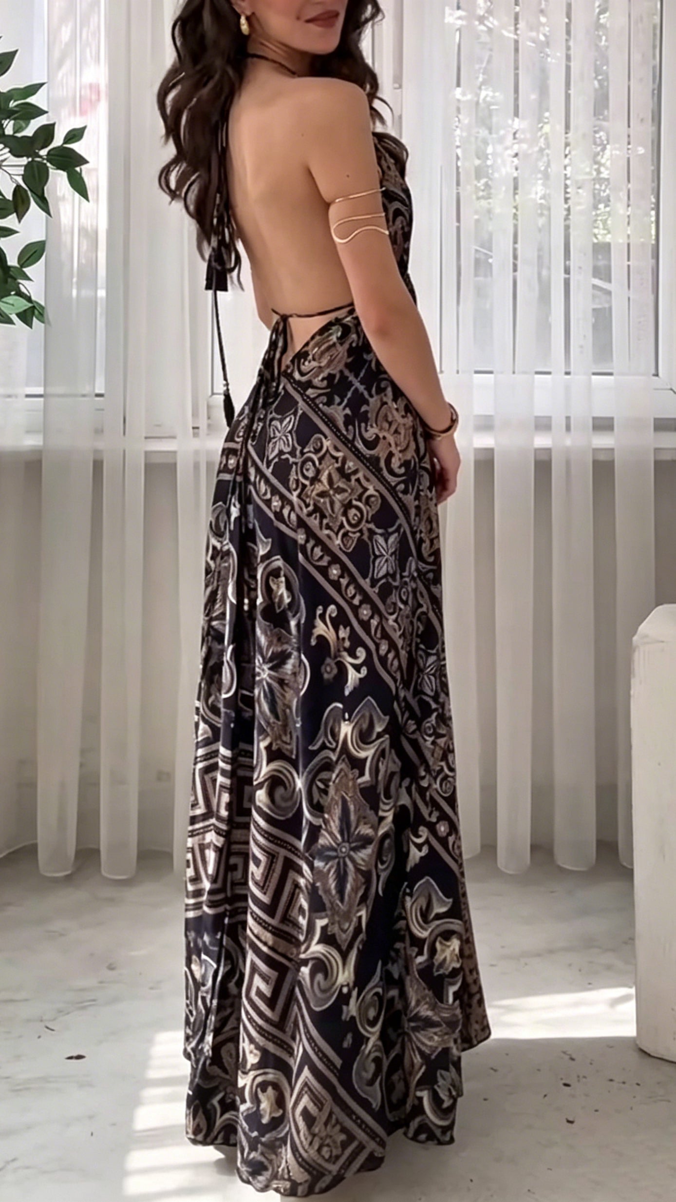 Women's Backless, Deep V-Neck, Spaghetti-Strap, Printed Maxi Dress
