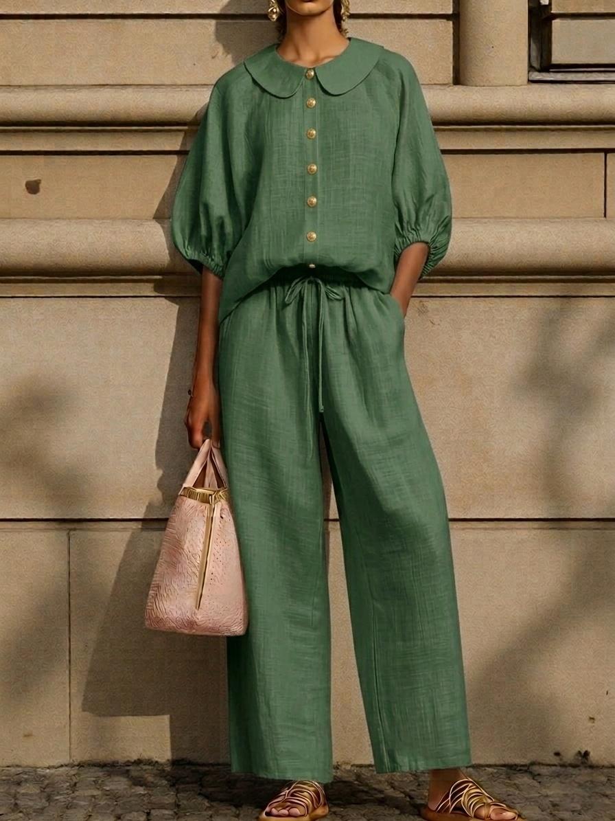 Plus Size Friendly New Arrivals🔥Stylish Peter Pan Collar Shirt And Wide-leg Pant Linen Two-piece Set