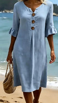 Women's Cotton-Linen Dress with V-Neck, Large Buttons, and Ruffled Sleeves