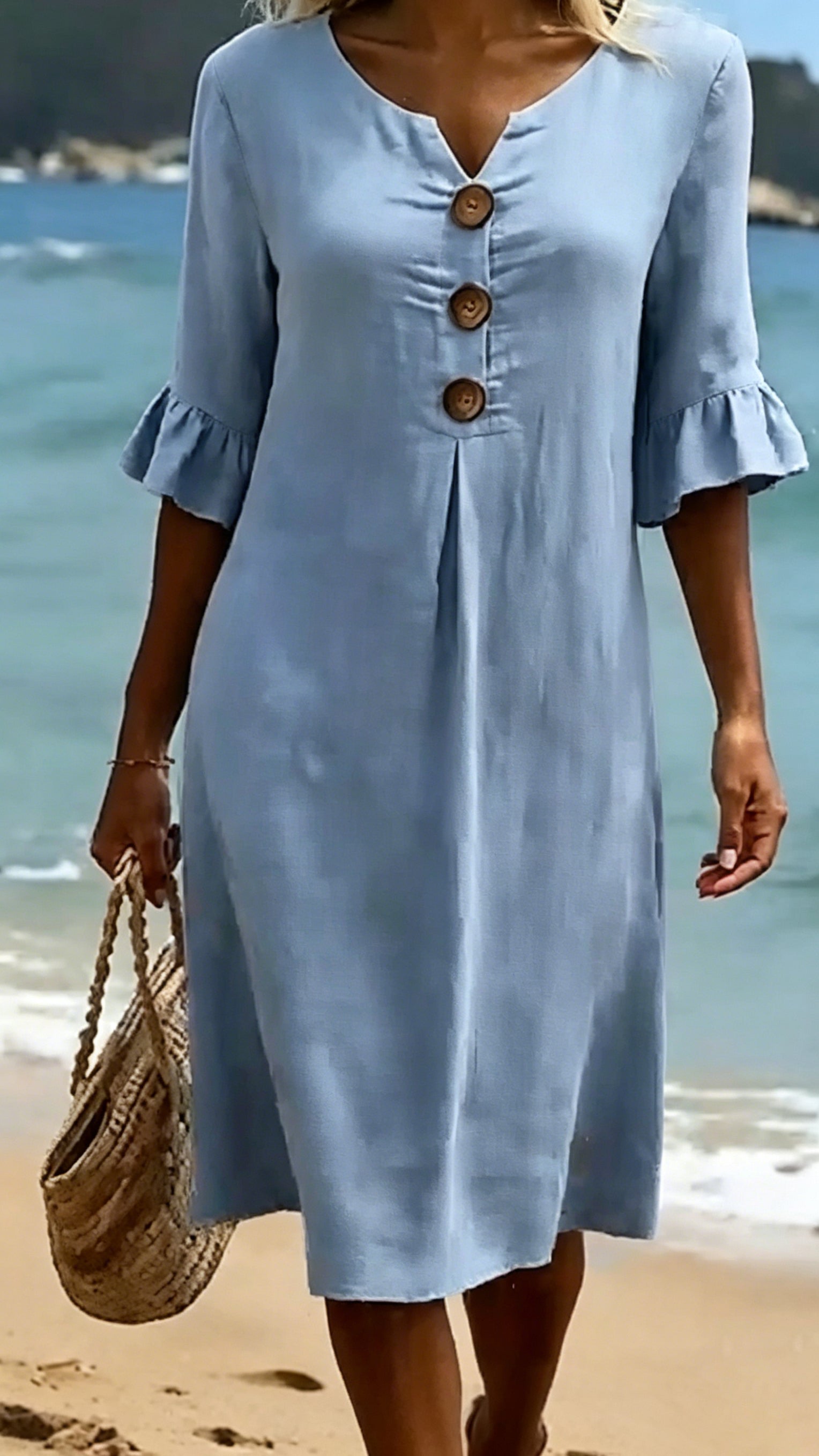 Women's Cotton-Linen Dress with V-Neck, Large Buttons, and Ruffled Sleeves