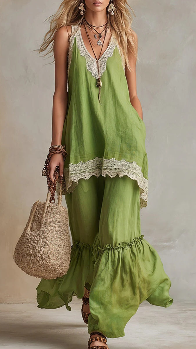 Women's Bohemian-Style Vacation Dress with Lace Straps
