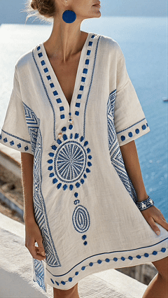 Women's V-Neck Dress – Beach Vacation Style, Printed, Loose-Fit Midi Dress