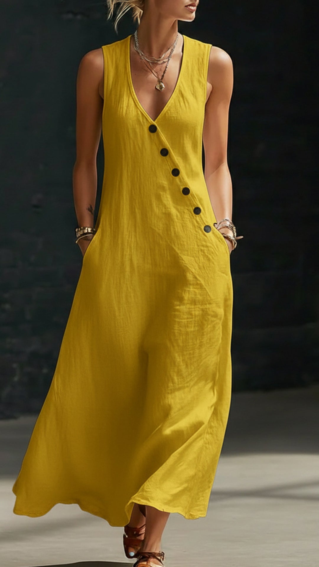"Effortless Chic" Style V-Neck Button-Front Cotton-Linen Maxi Dress — Sleeveless Tank Dress