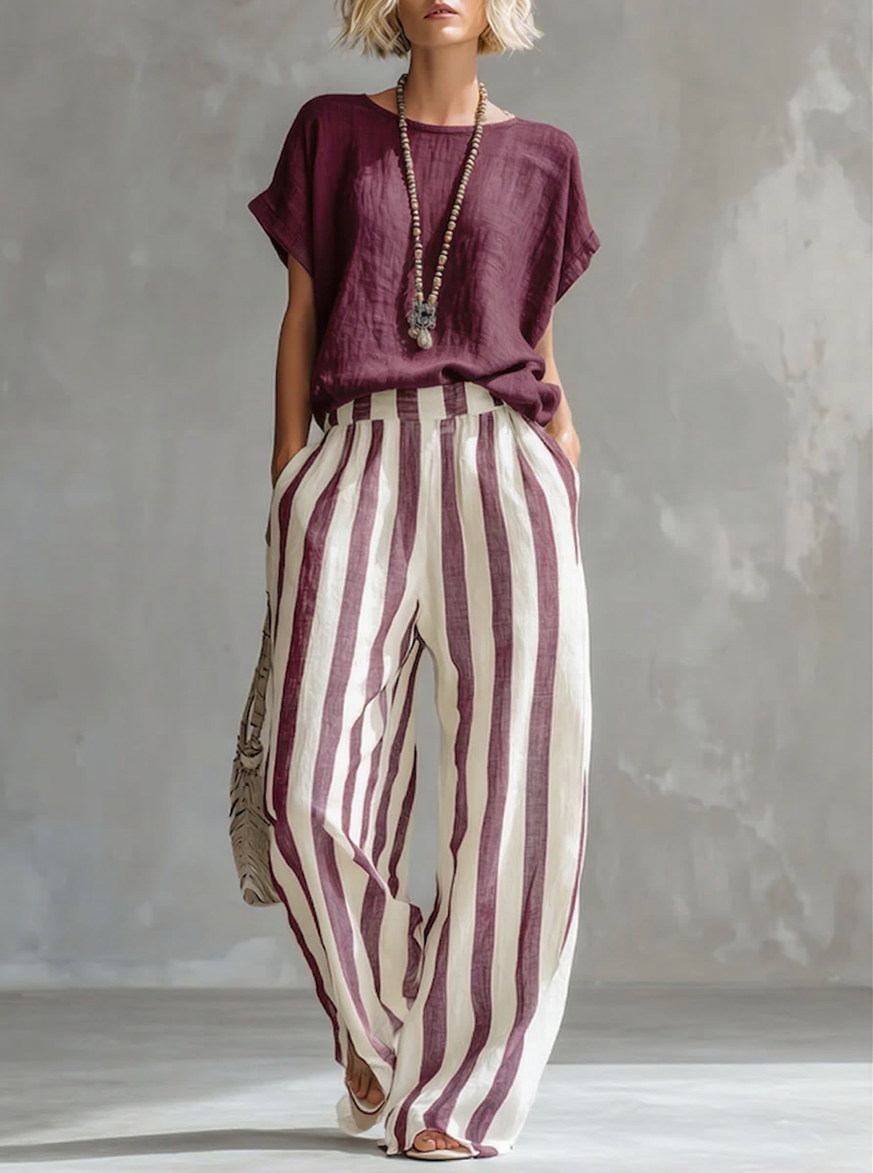 🔥Hot sale🔥Cozy Loose-fit Striped Cotton-linen Two-piece Set