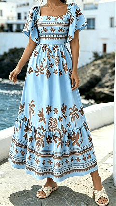 Women's Printed Dress with Square Neckline and Flutter Sleeves