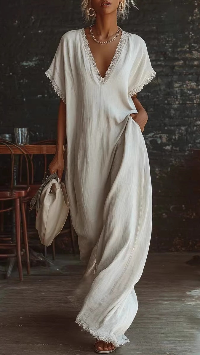 Women's Lace-Trimmed V-Neck Loose-Fit Dress