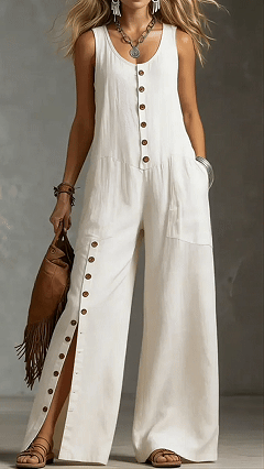 Women's Sleeveless Linen Jumpsuit with Button Pockets