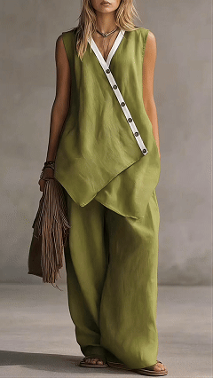 Women's V-Neck Sleeveless Wide-Leg Pants Two-Piece Set with Asymmetrical Buttons