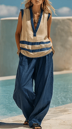 Women's  Color-Block Stripe Cotton-Blend Two-Piece Set