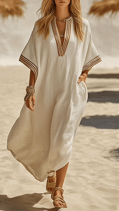 Women's Striped Trim Cotton-Blend Kaftan Dress