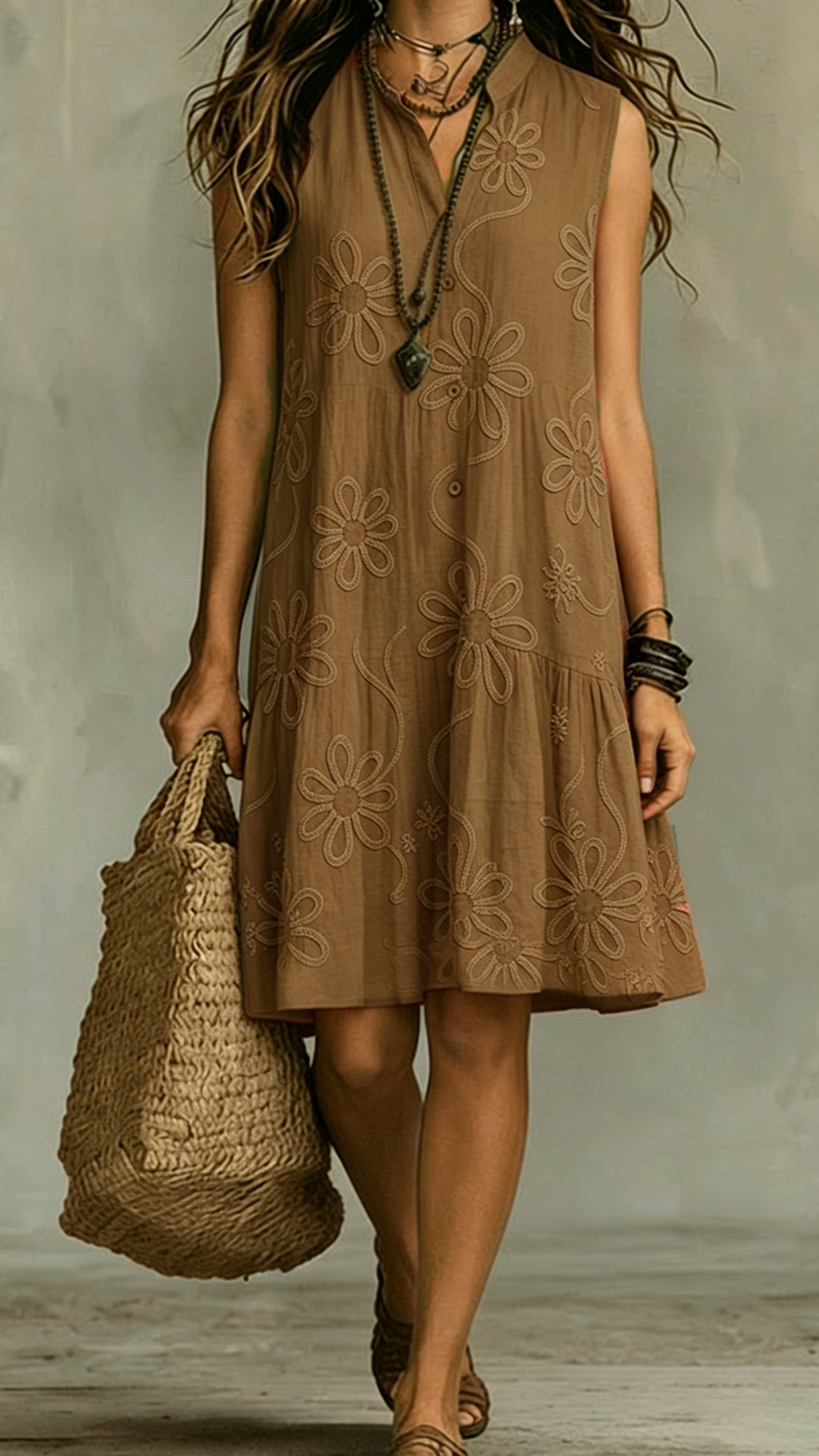 Women's Floral Print Linen-Blend Sleeveless Dress