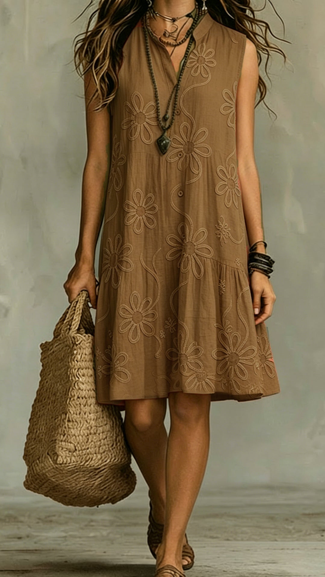 Women's Floral Print Linen-Blend Sleeveless Dress