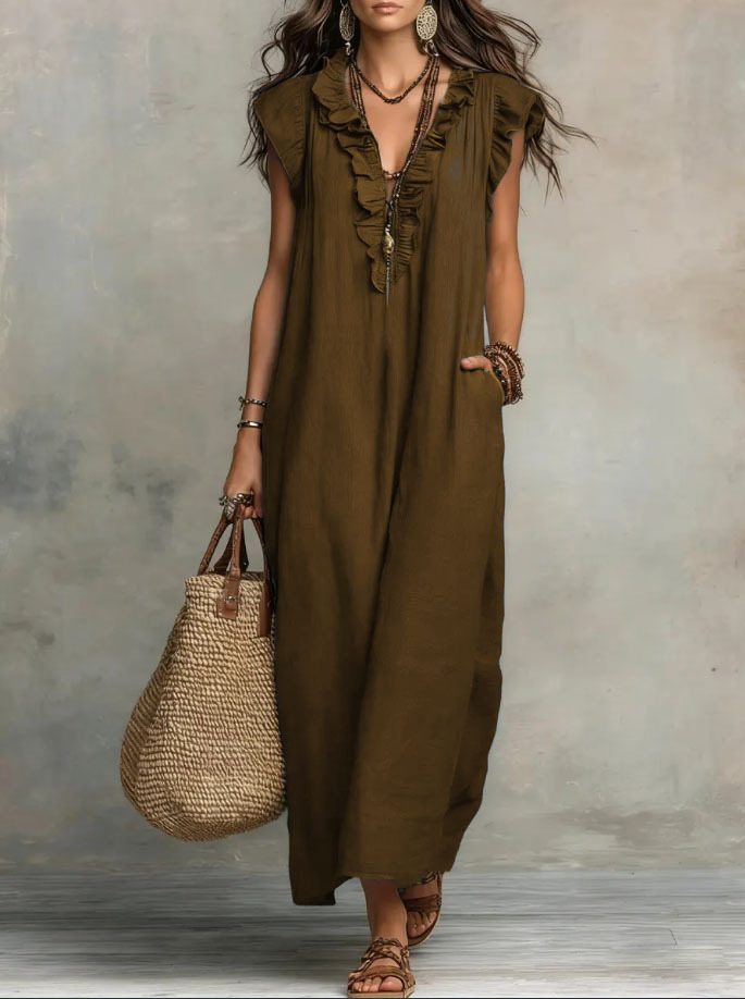Women's Solid Color Ruffled Art Casual Fashion Cozy Cotton Linen Dress