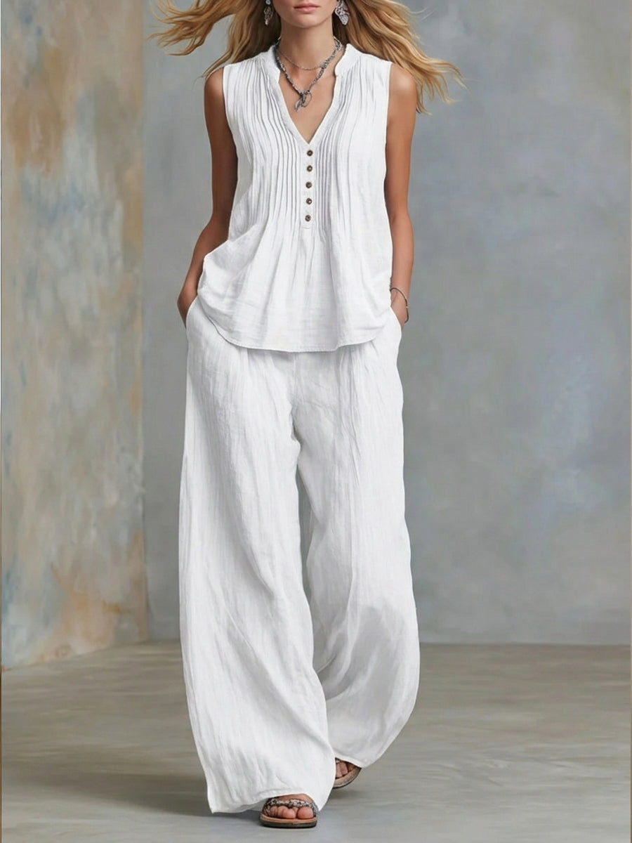 Plus Size Friendly Casual Linen And Cotton Pleated Sleeveless Top And Pants Two-piece Set