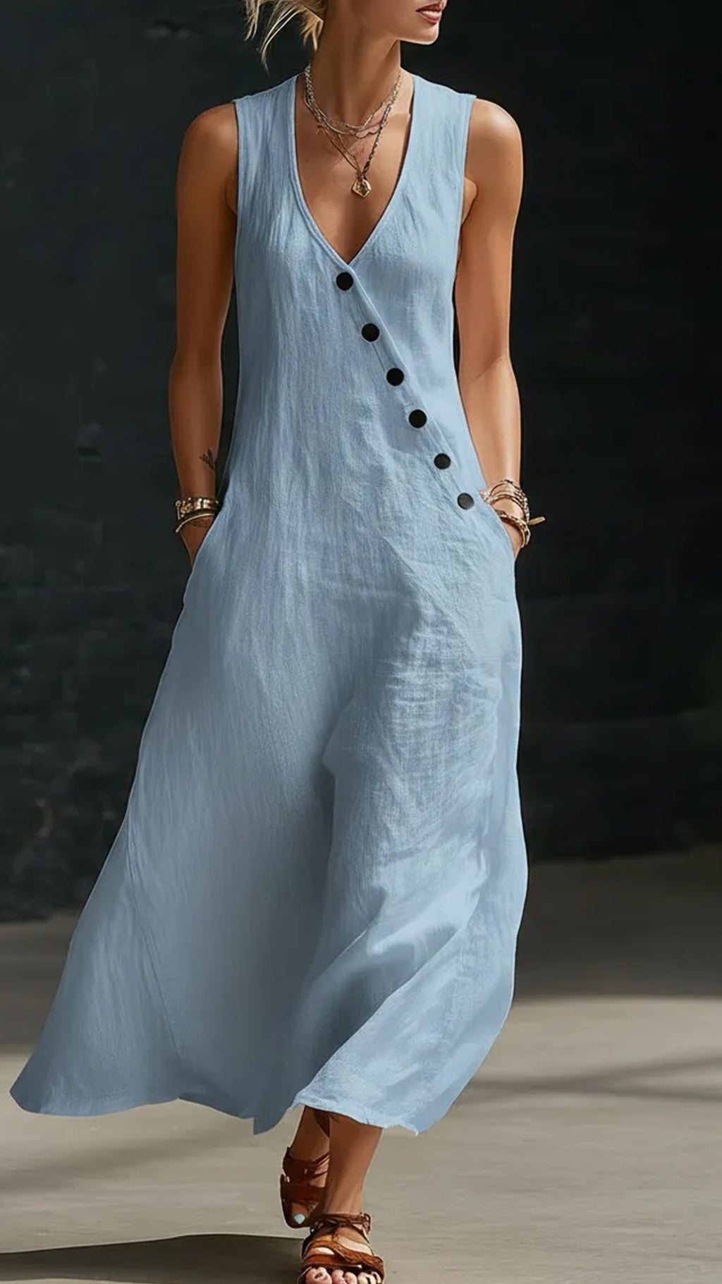"Effortless Chic" Style V-Neck Button-Front Cotton-Linen Maxi Dress — Sleeveless Tank Dress