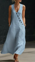 "Effortless Chic" Style V-Neck Button-Front Cotton-Linen Maxi Dress — Sleeveless Tank Dress
