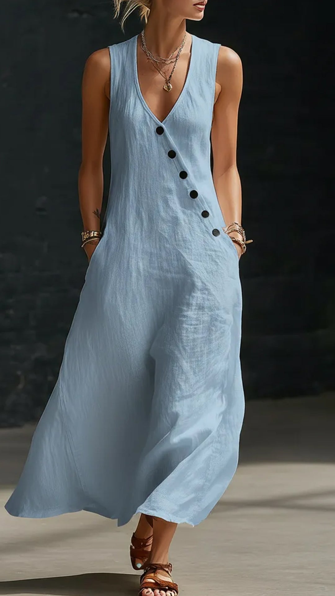 "Effortless Chic" Style V-Neck Button-Front Cotton-Linen Maxi Dress — Sleeveless Tank Dress