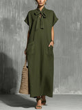 Women's Solid-color V-neck Short-sleeve Casual Loose Cotton-linen Dress