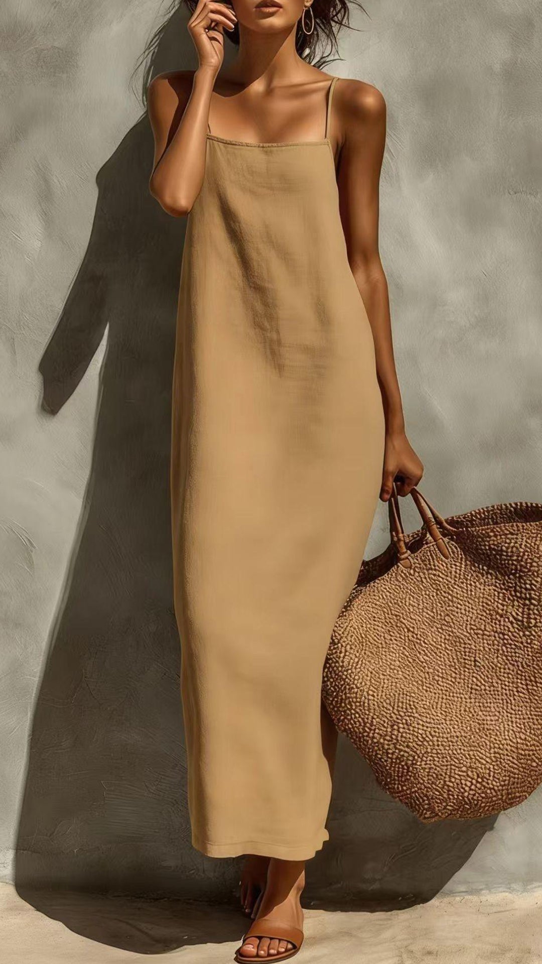 Women's Square-Neck Straight-Cut Maxi Dress with Thin Straps