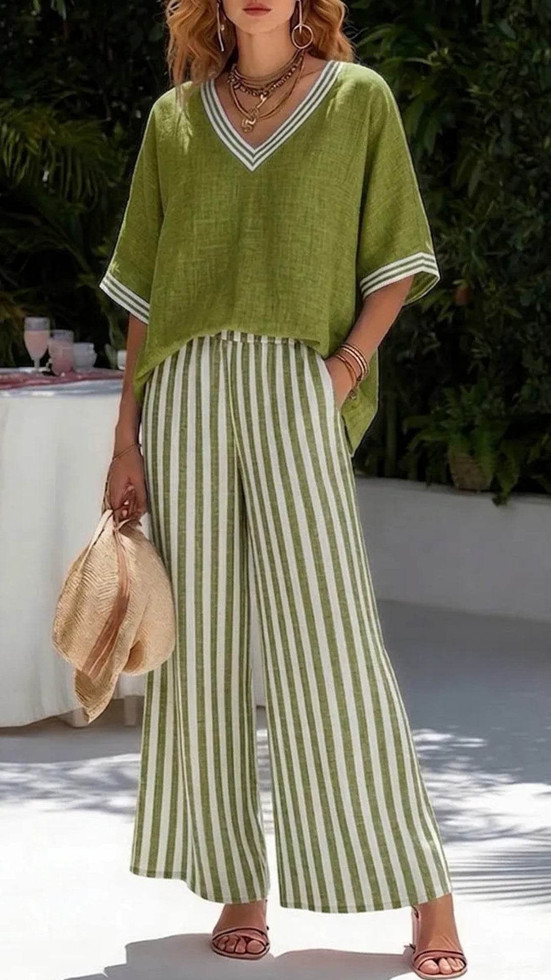 Solid-Color Top & Striped Wide-Leg Pants Set — Loose-Fit, Slimming, and Breathable