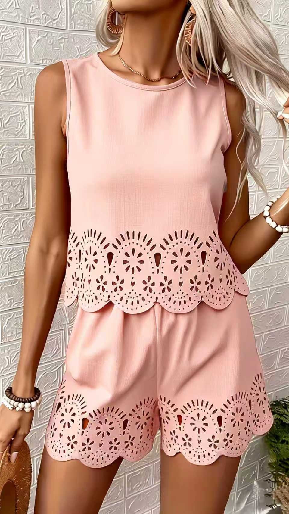 Women's Elegant Hollow-Out Design Short-Sleeve Top and Shorts Two-Piece Set