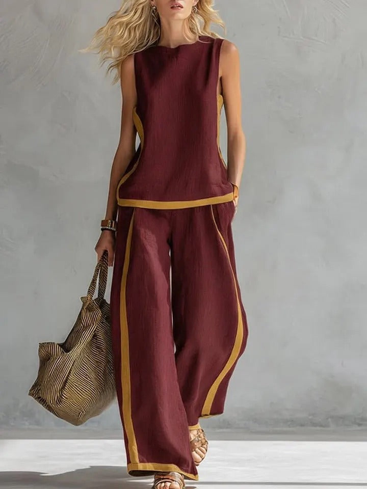 Plus Size Friendly Plus Size Friendly Women's Round Neck Sleeveless Casual Loose Top And High-waisted Loose Wide-leg Pants Cotton And Linen Set.