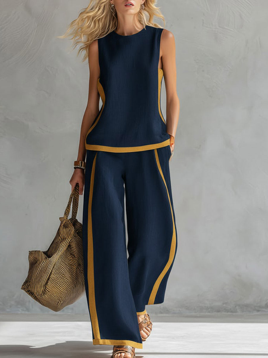 Plus Size Friendly Plus Size Friendly Women's Round Neck Sleeveless Casual Loose Top And High-waisted Loose Wide-leg Pants Cotton And Linen Set.