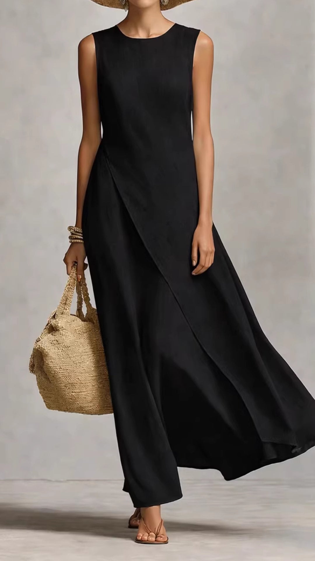 Sleeveless asymmetrical hem cotton-linen blend dress