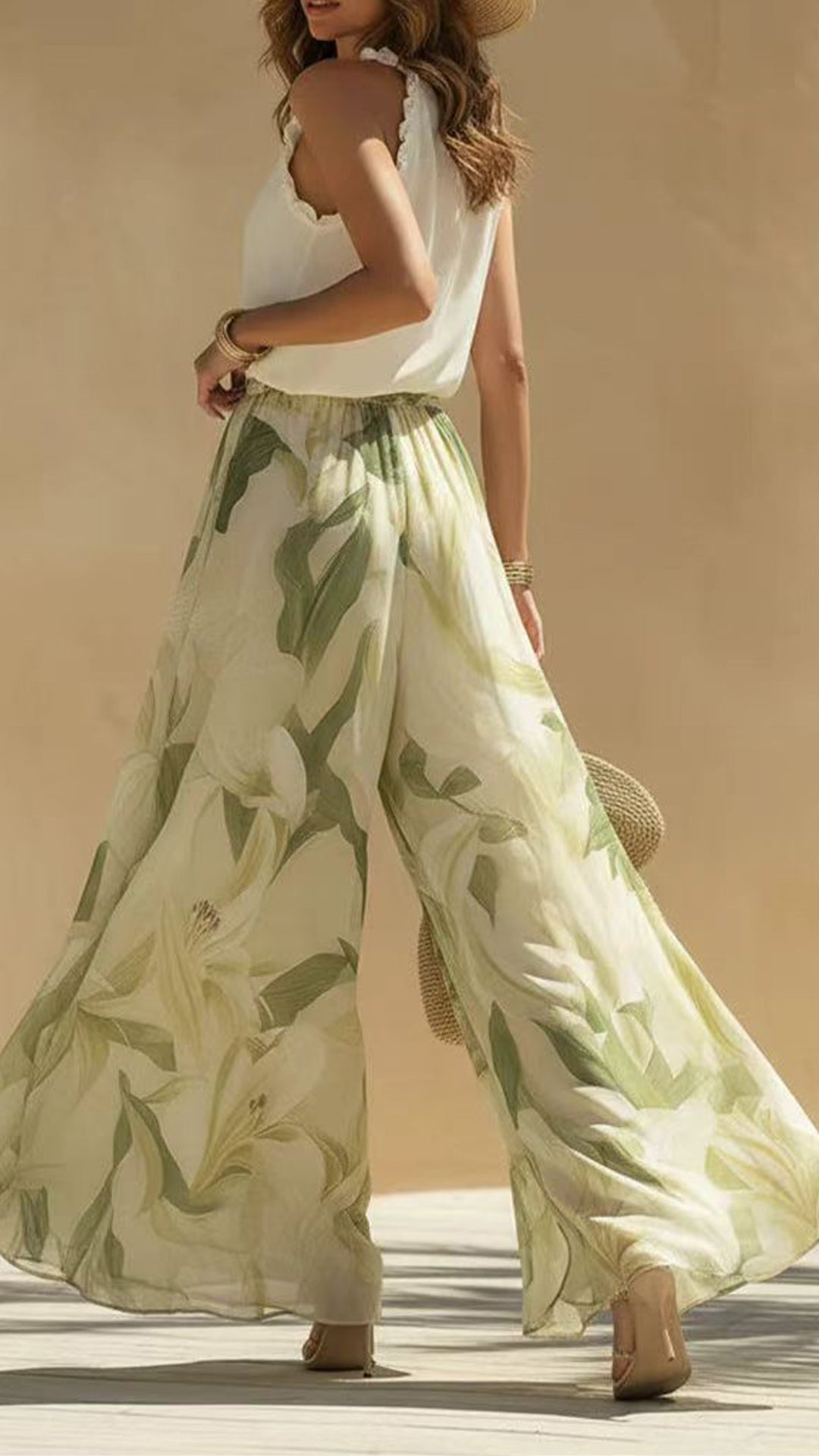 Women's Cotton-Blend Halter Ruffled Floral Wide-Leg Pants Set
