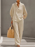 Plus Size Friendly Women’s Batwing Sleeve Linen Cotton Two-Piece Set – Casual Shirt & Wide Leg Pants Outfit