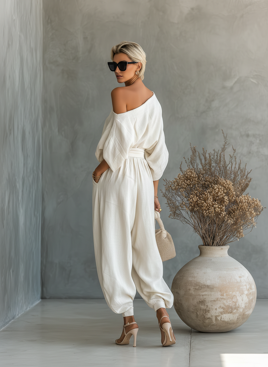 Women's Off-white Linen Off-shoulder Loose Casual Top And Tapered Pants Set