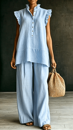 Women's Ruffled Sleeveless Shirt and Loose-Fit Trousers Two-Piece Set