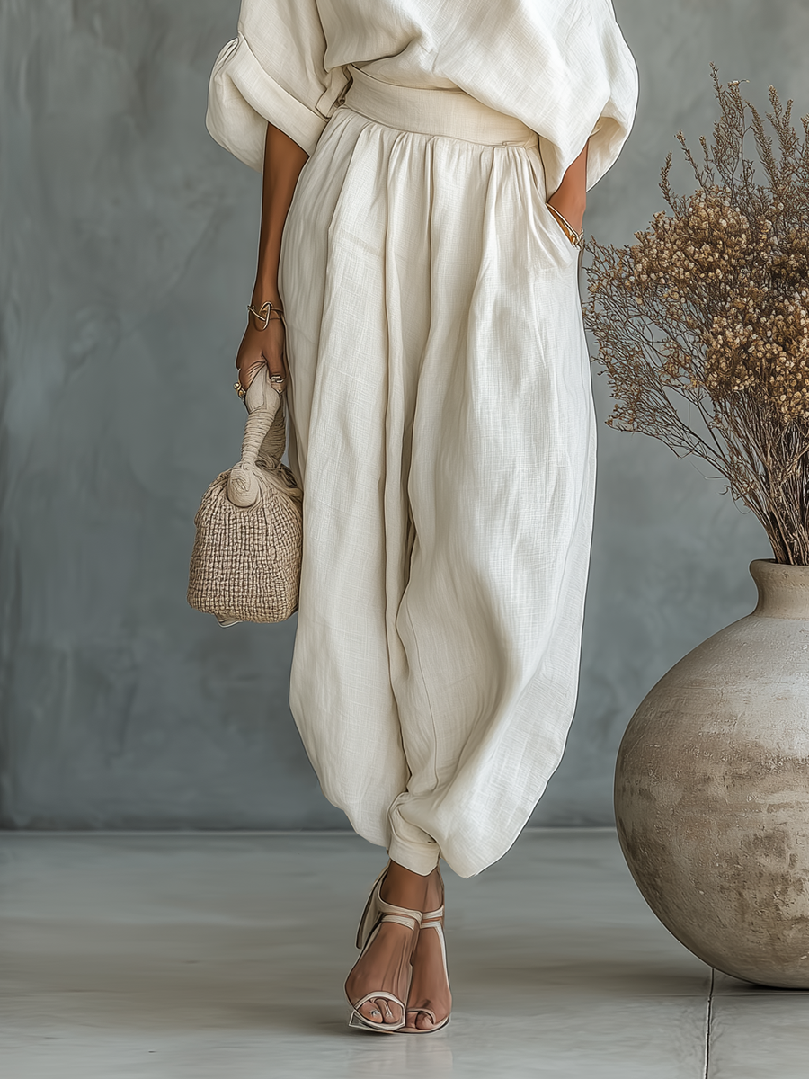Women's Off-white Linen Off-shoulder Loose Casual Top And Tapered Pants Set