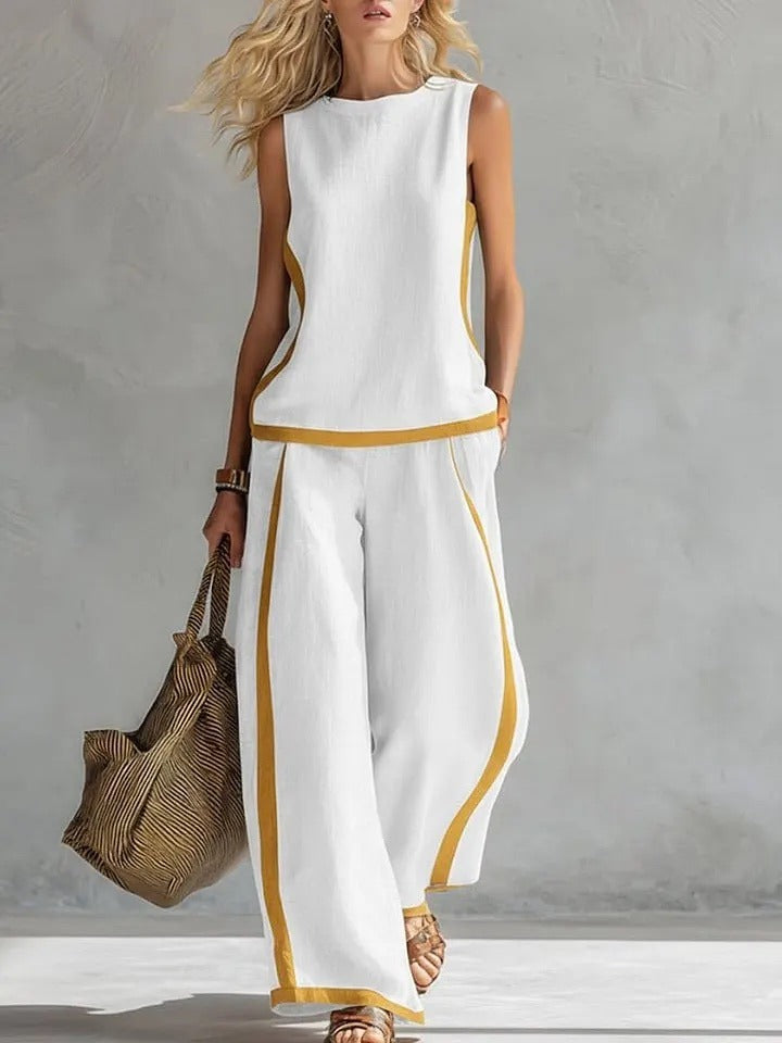 Plus Size Friendly Plus Size Friendly Women's Round Neck Sleeveless Casual Loose Top And High-waisted Loose Wide-leg Pants Cotton And Linen Set.