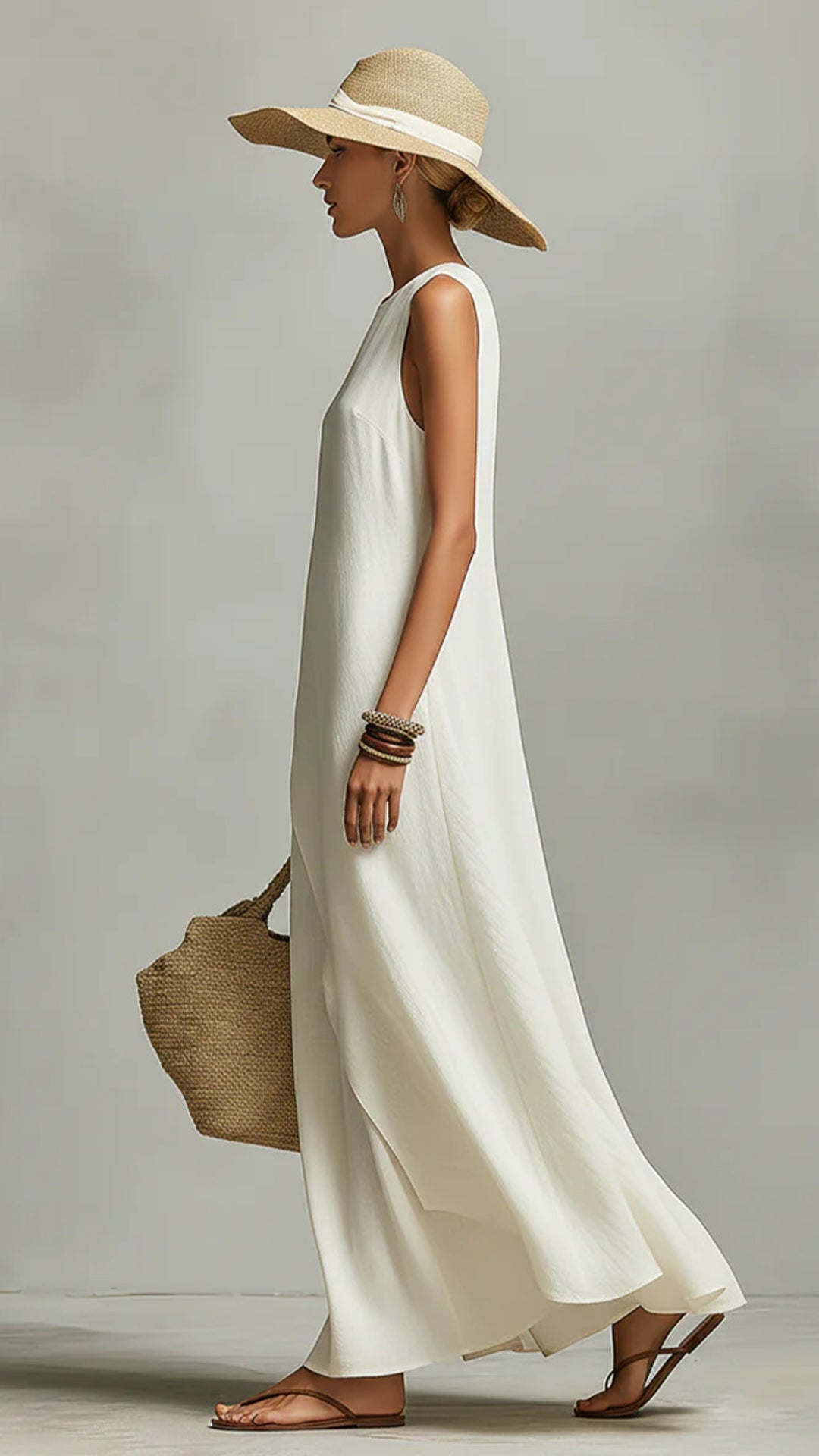 Sleeveless asymmetrical hem cotton-linen blend dress