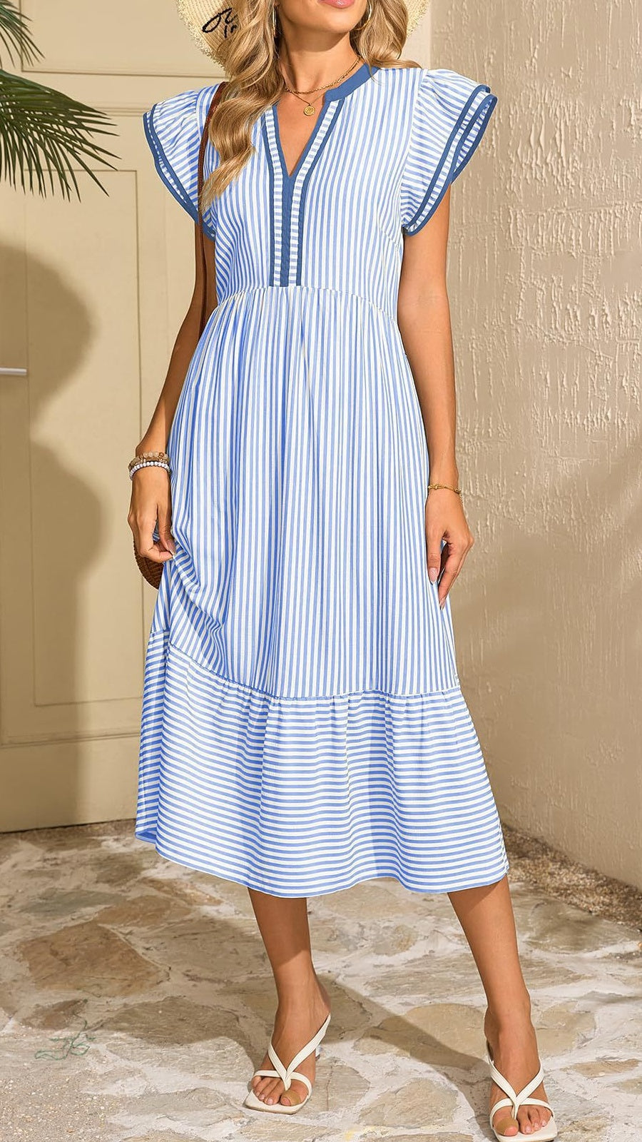 Women's Striped Short-Sleeve Dress with Double Ruffles and Contrast V-Neck