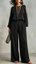 Women's Cold-Shoulder Studded Top & Wide-Leg Pants Cotton Blend Set