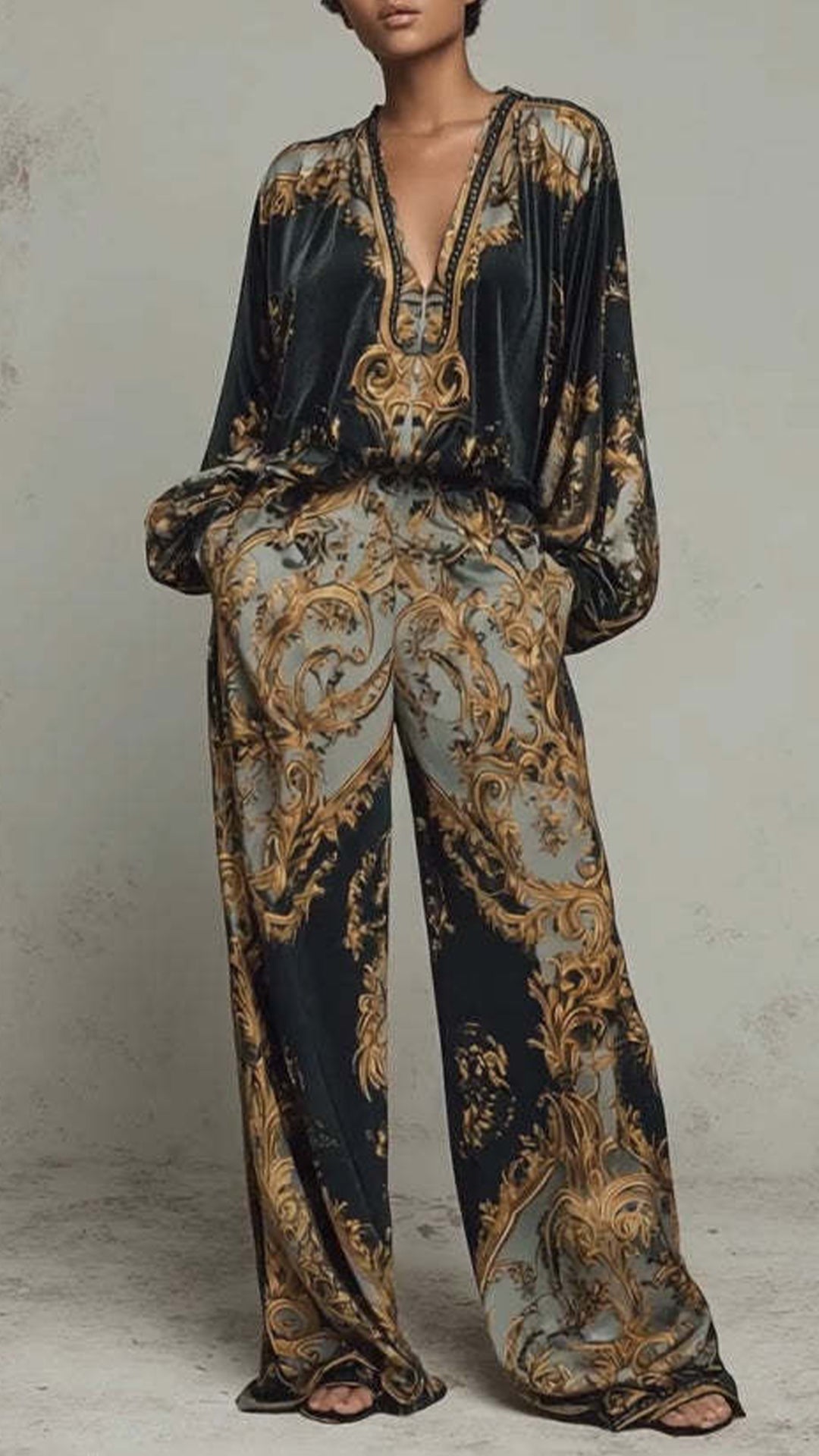 Women's Cotton-Blend Baroque Print Wide-Leg Pants Set