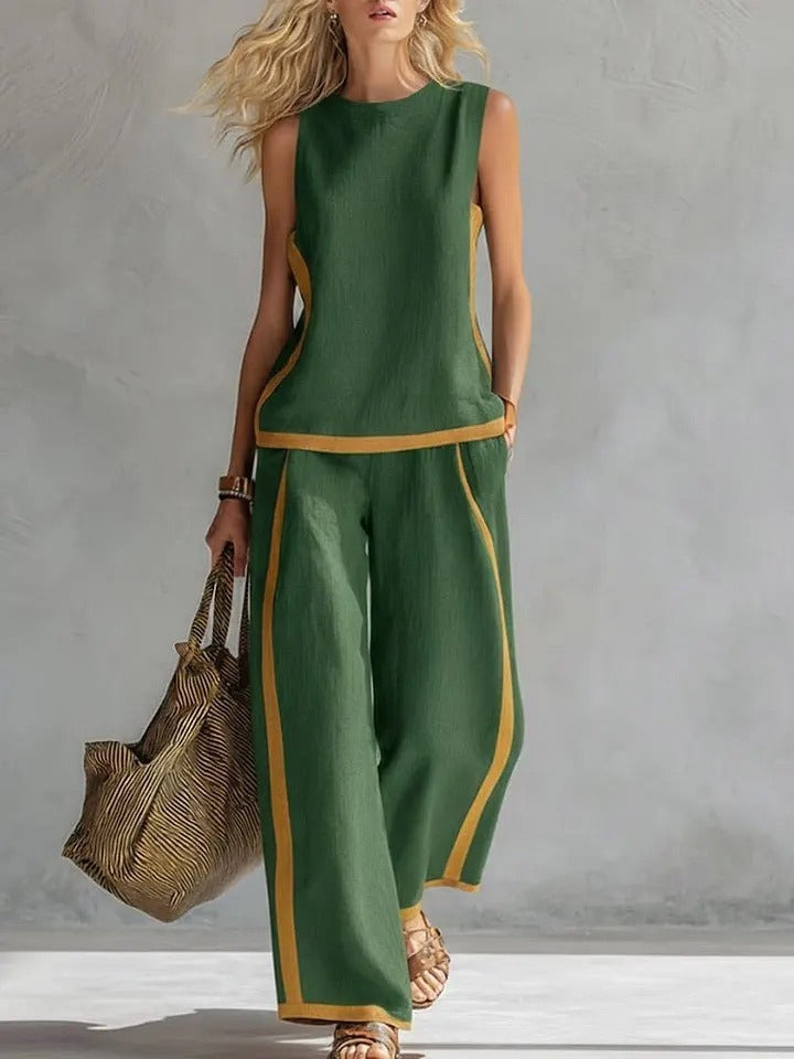 Plus Size Friendly Plus Size Friendly Women's Round Neck Sleeveless Casual Loose Top And High-waisted Loose Wide-leg Pants Cotton And Linen Set.