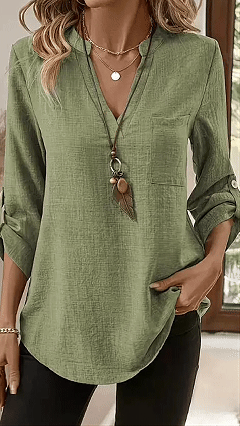 Women's Army Green Linen-Blend Henley Shirt