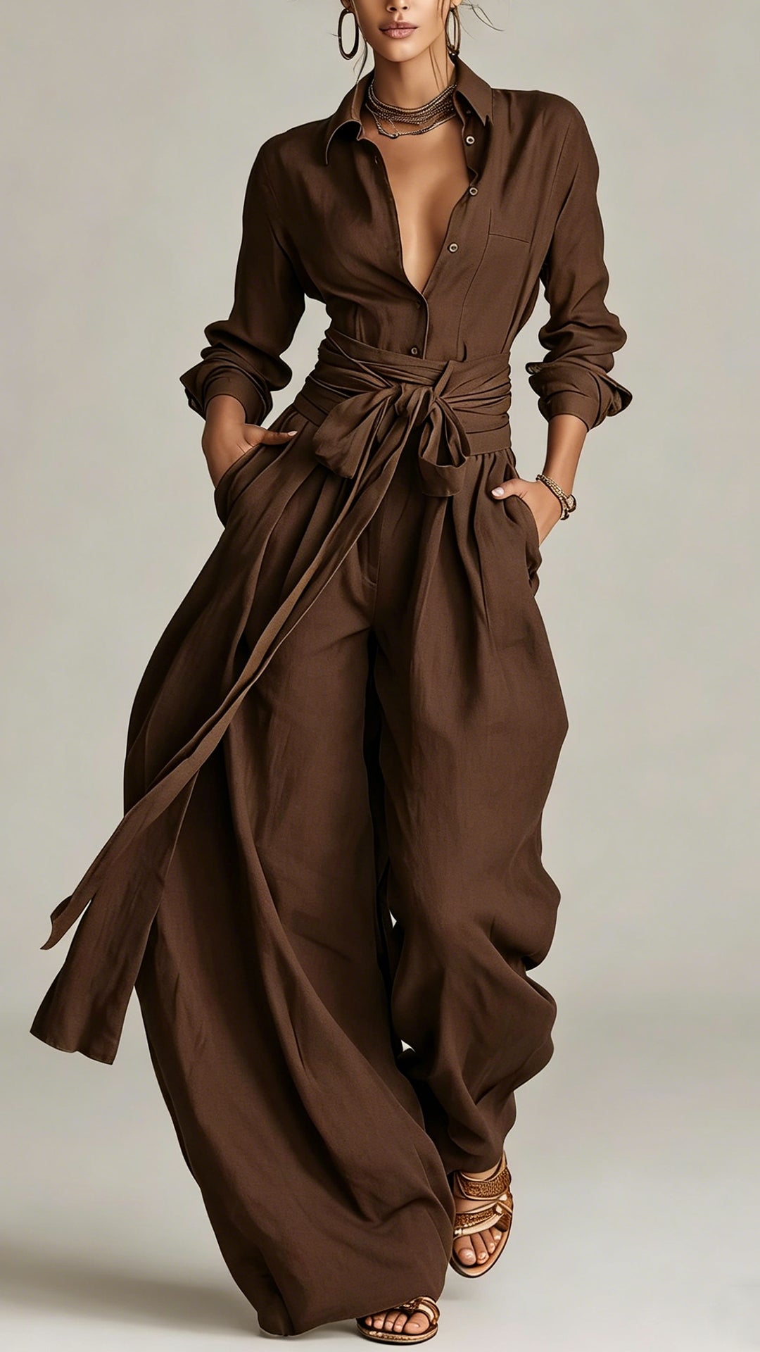 Women's  Cotton-Linen Shirt & Wide-Leg Pants Set with Belt