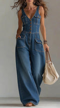 Women's Washed Denim Loose-Fit Sleeveless Jumpsuit with Straps