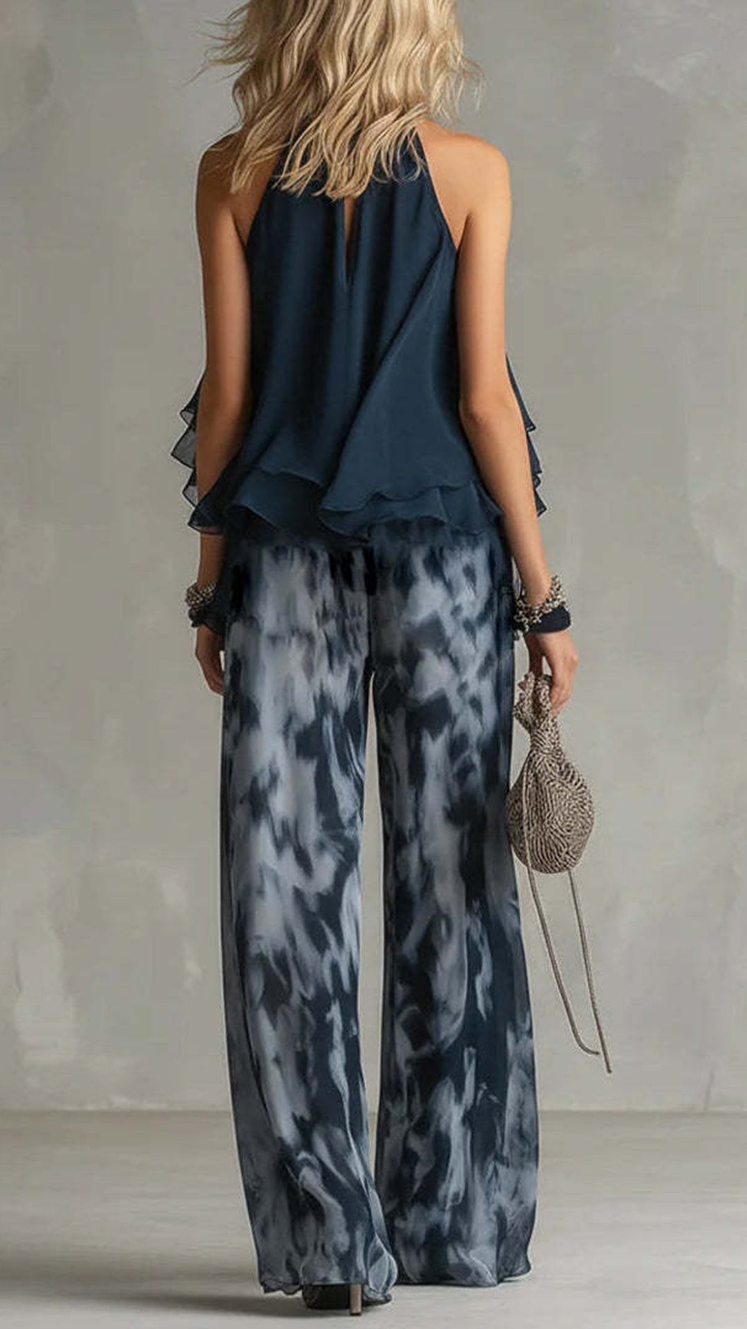 Women's Cotton-Blend Halter Ruffled Tie-Dye Wide-Leg Pants Set