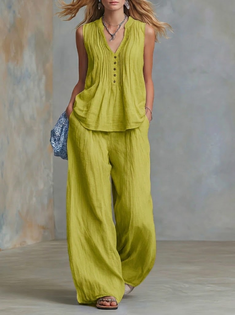 Plus Size Friendly Casual Linen And Cotton Pleated Sleeveless Top And Pants Two-piece Set